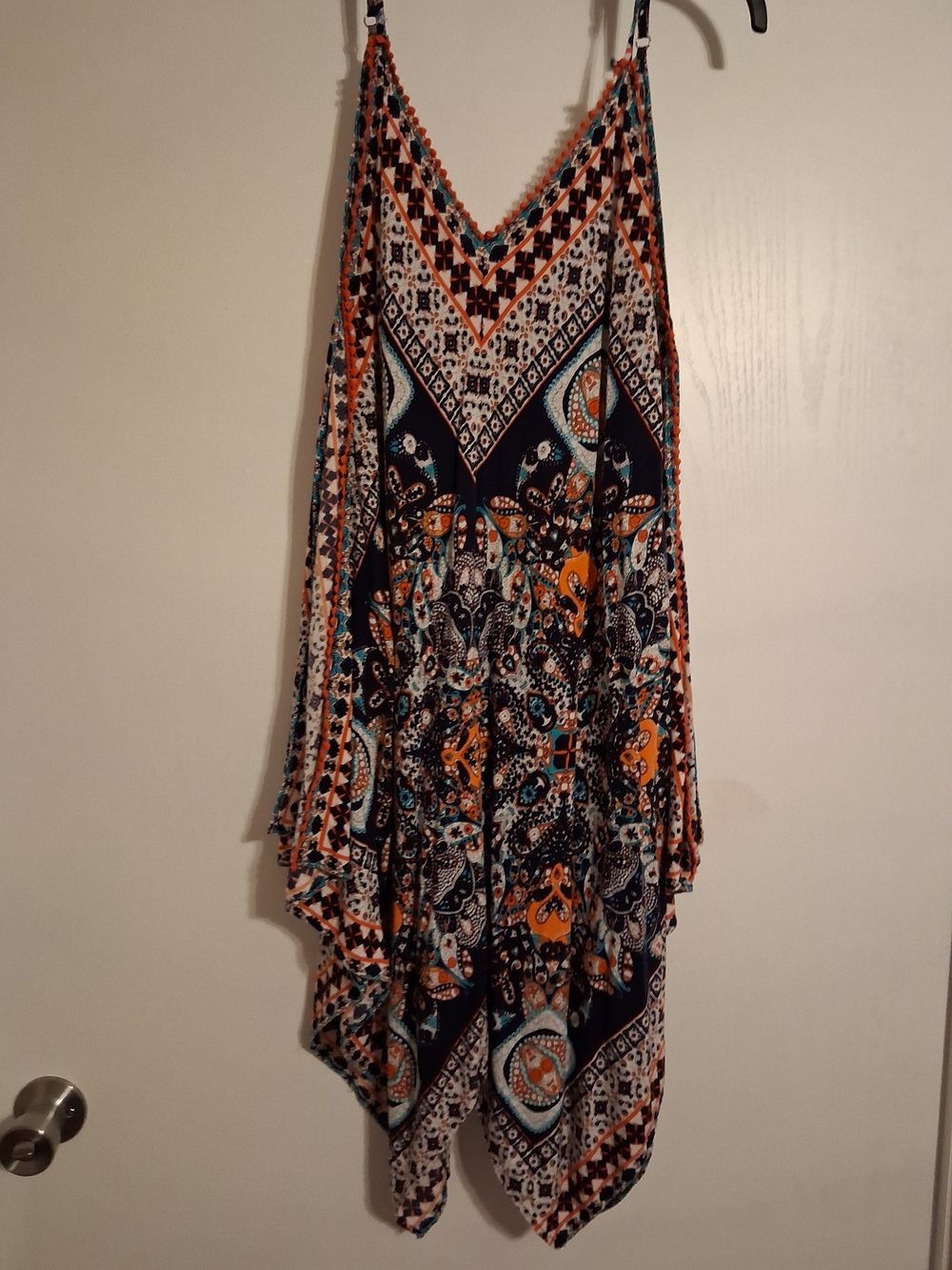 VENUS Boho Navy, Orange & Teal Printed Asymmetrical Handkerchief Hem Dress
